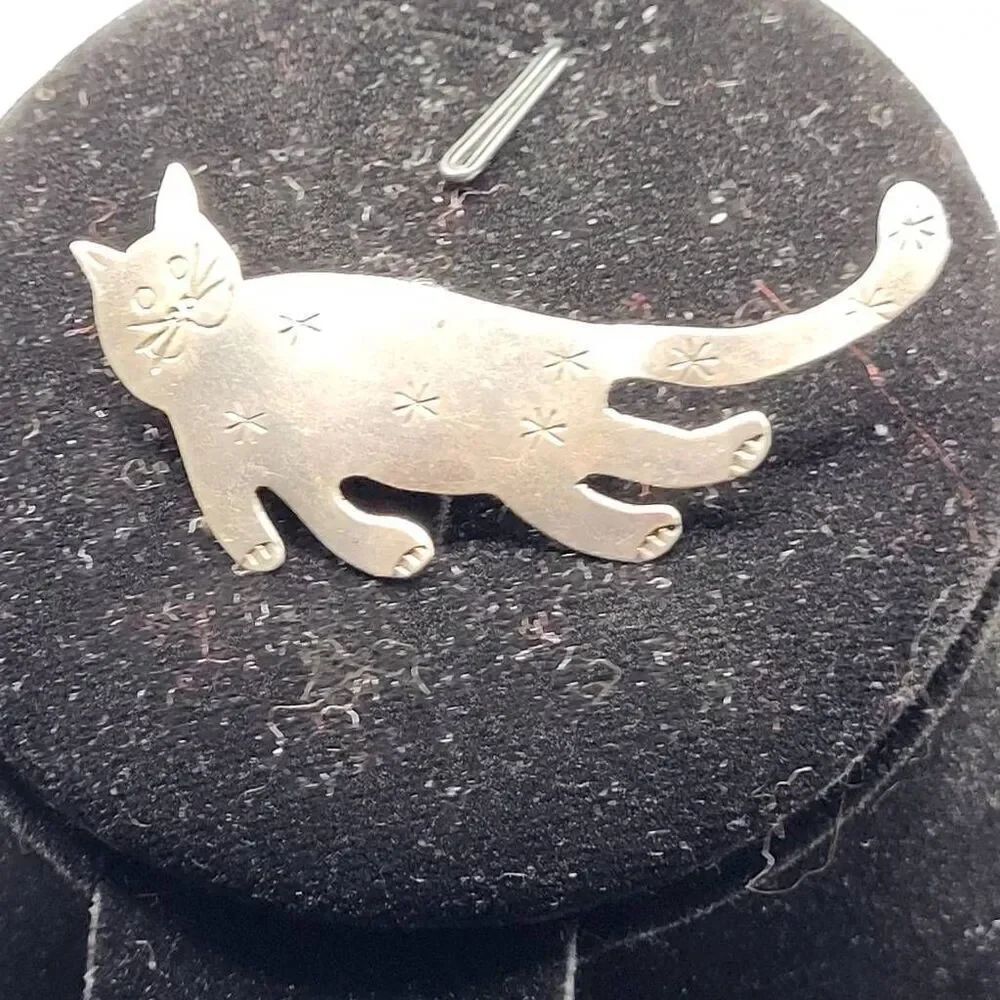 Artisan Made Sterling Silver Cat Pin Signed J.C.J.